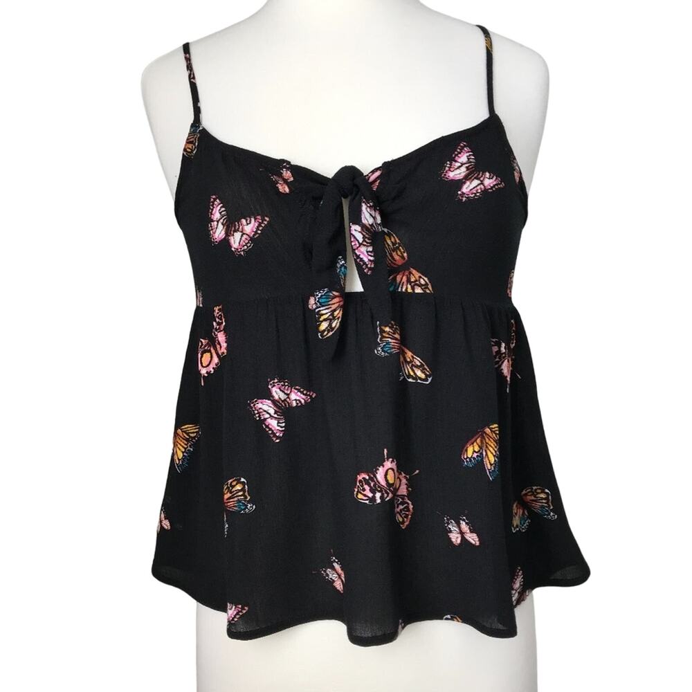 love, fire black multi color butterfly print tie front empire waist tank top med